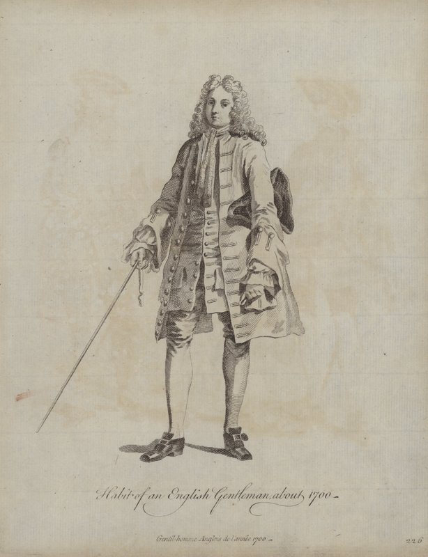 En engelsk gentlemans klædedragt omkring 1700 (kobberstik) af English School