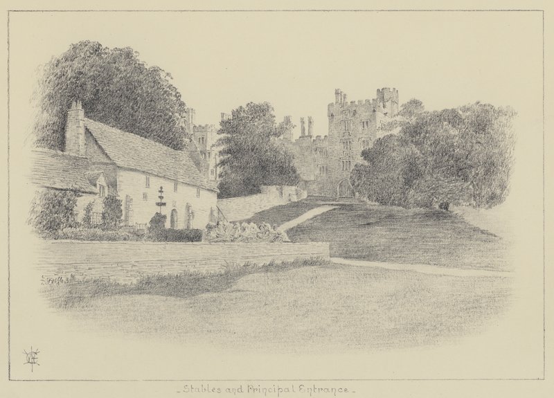 Haddon Hall, stalde og hovedindgang (litho) af English School