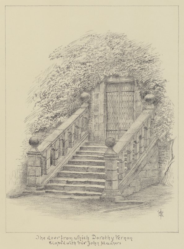 Haddon Hall, døren hvorfra Dorothy Vernon stak af med Sir John Manners (litho) af English School