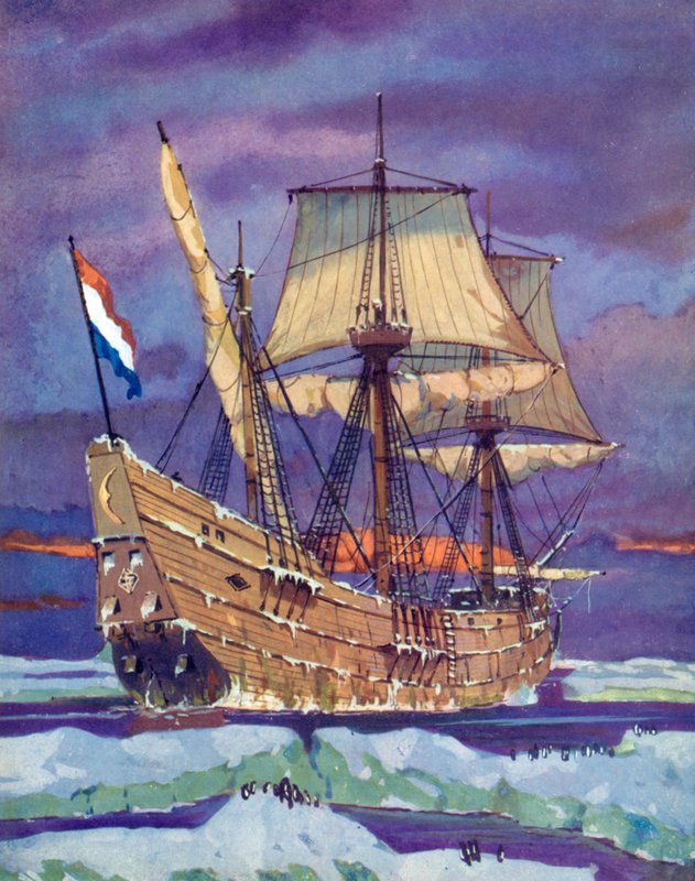 Halve Maen, eller Half Moon, Henry Hudson (farve litho) af English School