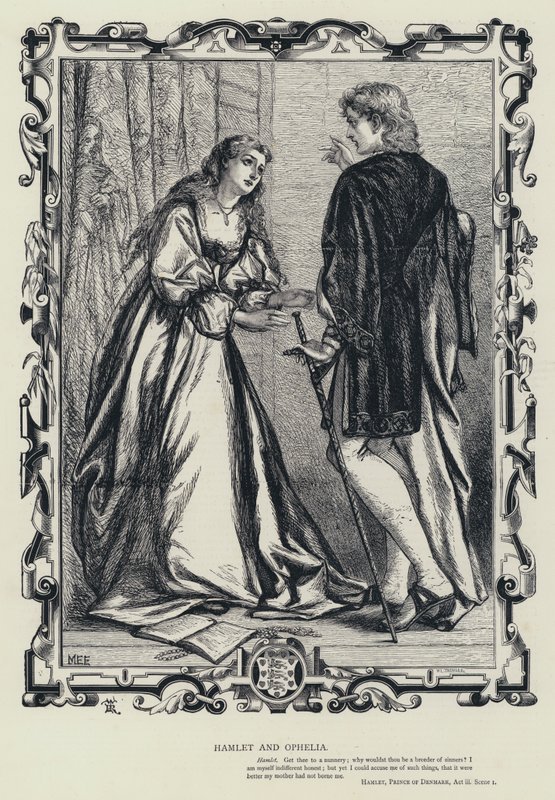 Hamlet og Ophelia, Hamlet, Prins af Danmark, Akt 3, Scene 1 (gravering) af English School