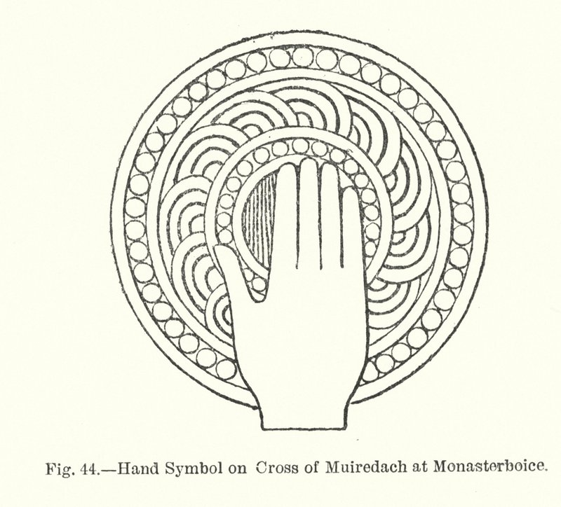 Håndsymbol på korset af Muiredach ved Monasterboice (gravering) af English School