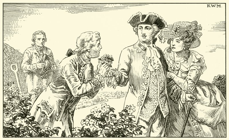 Overrakte en bundt kartoffelblomster til hans majestæt (blæk på papir) af English School