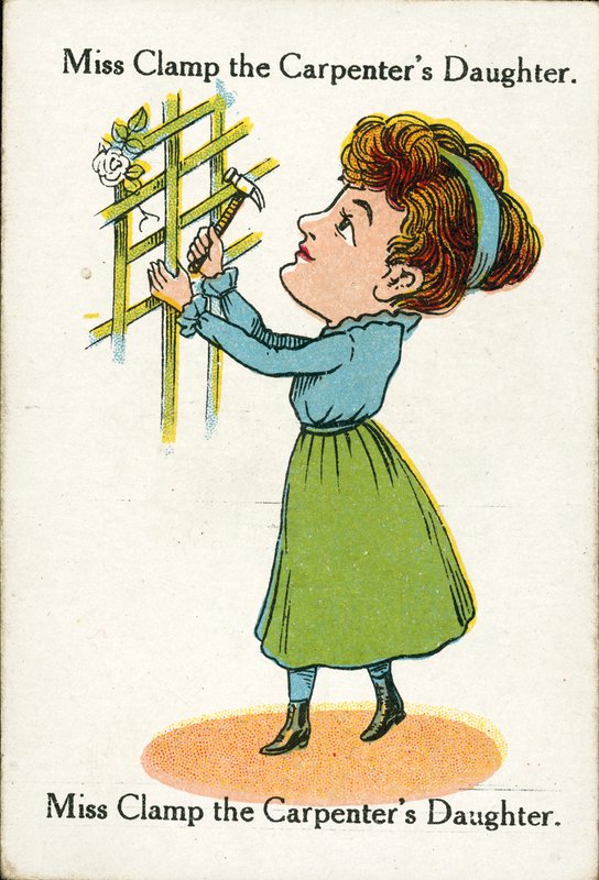 Lykkelige familier, ca. 1920: Miss Clamp, tømrerens datter (farvelitografi) af English School