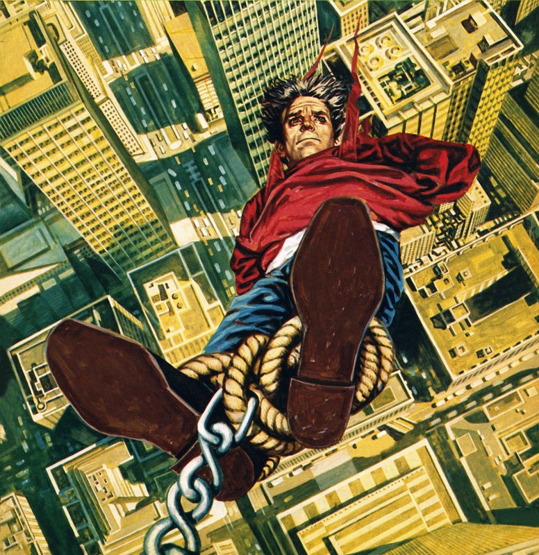 Harry Houdini suspenderet fra toppen af en skyskraber i New York af English School