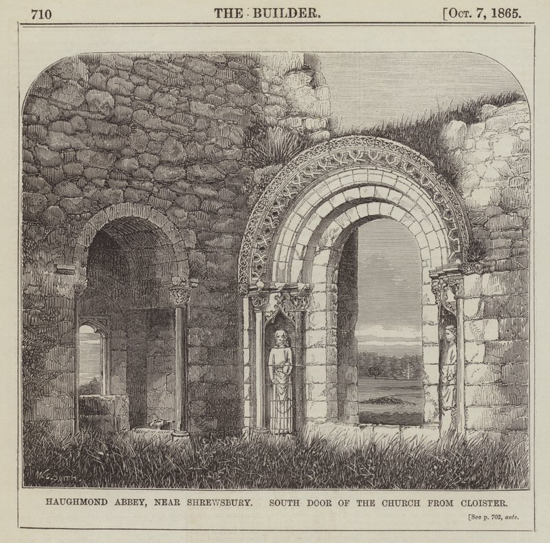 Haughmond Abbey, nær Shrewsbury, South Door of the Church fra Cloister (gravering) af English School