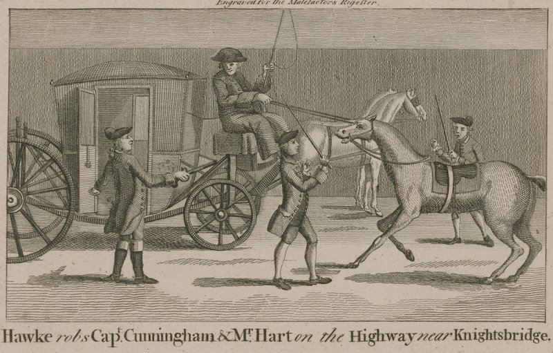 Hawke røver kaptajn Cunningham og hr. Hart på motorvejen nær Knightsbridge af English School