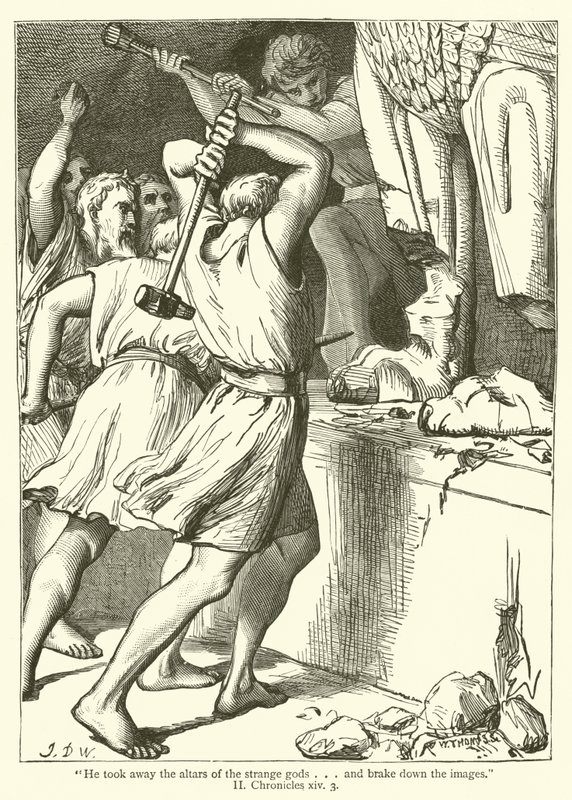 "Han fjernede de fremmede guders altre...og nedbrød billederne", II, Krønikebog, xiv, 3 (gravering) af English School
