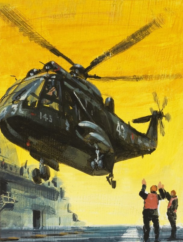 Helikopter lander på hangarskib af English School