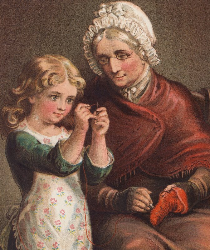 Helping Grannie (farvelitografi) af English School