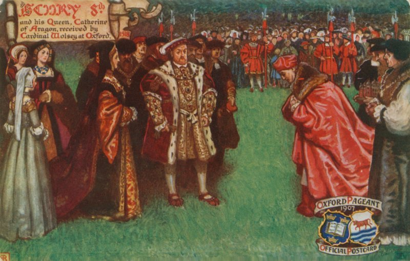 Henrik 8. og hans dronning, Catherine af Aragon, modtaget af kardinal Wolsey i Oxford, 1518 af English School