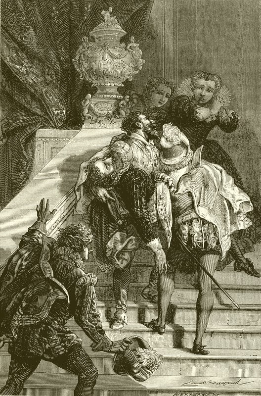 Henry IV såret, ført til Louvre af English School