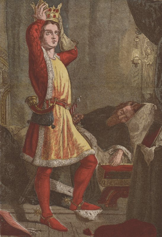 Henry, Prince of Wales, den fremtidige kong Henry V, der prøver på sin fars krone (chromolitho) af English School