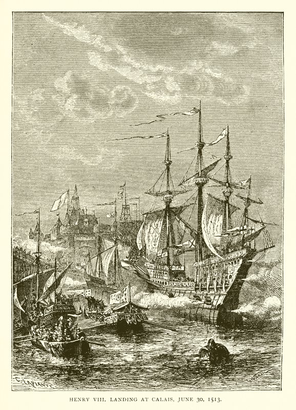 Henrik VIII lander i Calais den 30. juni 1513 af English School