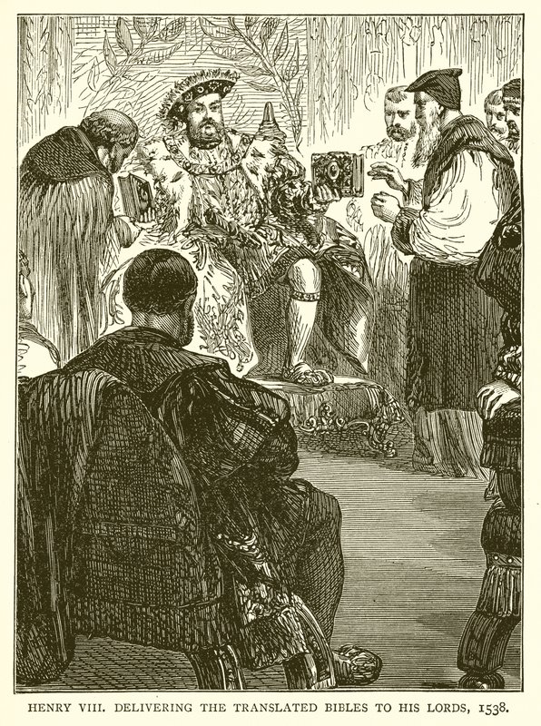Henrik VIII leverer de oversatte bibler til sine herrer, 1538 af English School