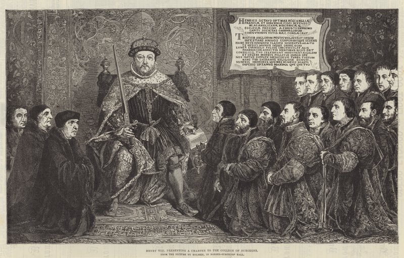 Henry VIII præsenterer et charter til College of Surgeons (gravering) af English School