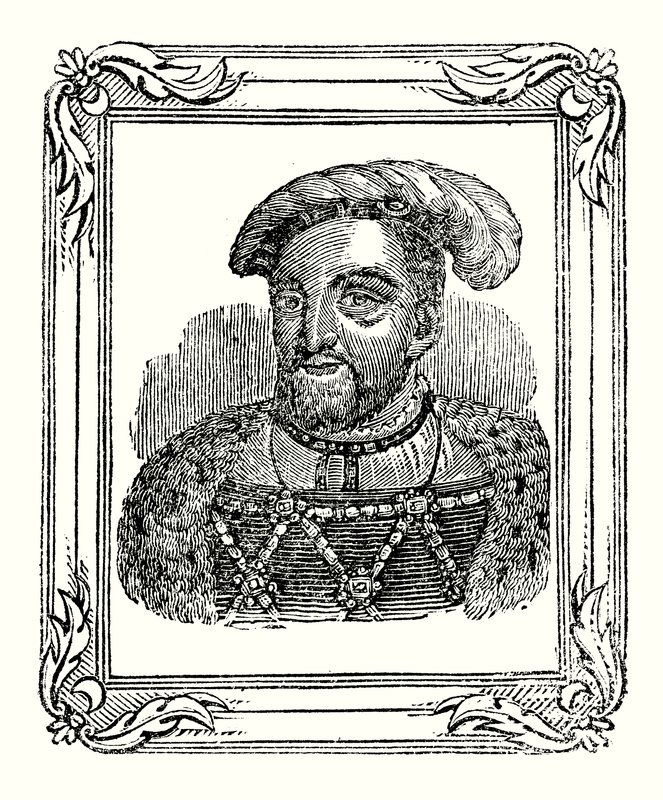 Henrik VIII blev født i 1490, kronet i 1509, død i 1547 (kobberstik) af English School