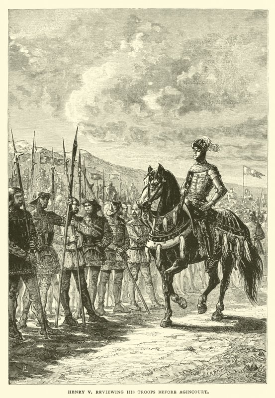 Henry V gennemgår sine tropper før Agincourt af English School