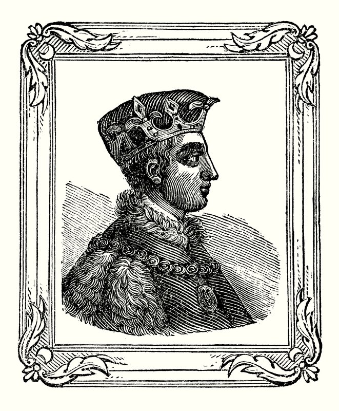 Henrik V blev født i 1388, kronet i 1413 og døde i 1422 (gravering) af English School