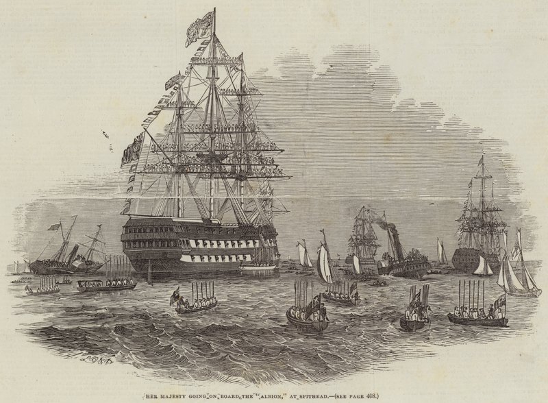Hendes Majestæt går ombord på "Albion" ved Spithead (gravering) af English School