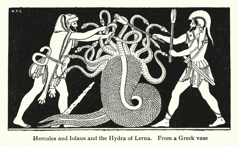 Hercules og Iolaus og Lerna Hydra (litho) af English School