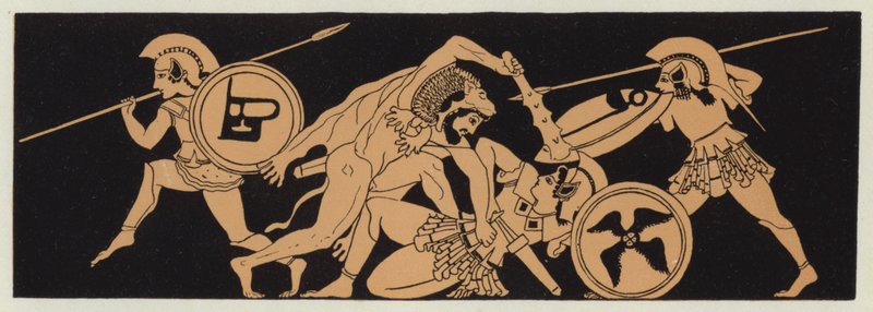 Herkules tager bæltet af Penthesilea, dronningen af amazonerne (farvelitografi) af English School