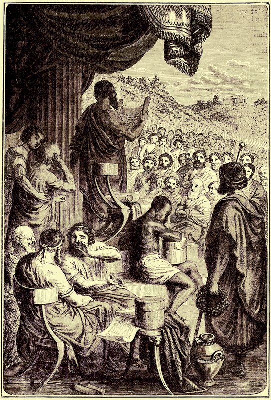 Herodotos læser sin historie ved en offentlig festival, illustration fra The Illustrated History of the World, udgivet ca. 1880 (digitalt forbedret billede) af English School