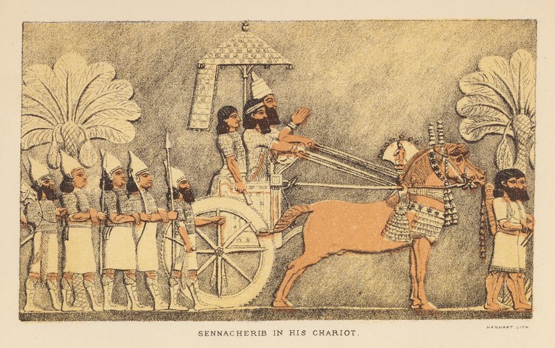 Herodot: Sennacherib i sin stridsvogn (farvelitografi) af English School