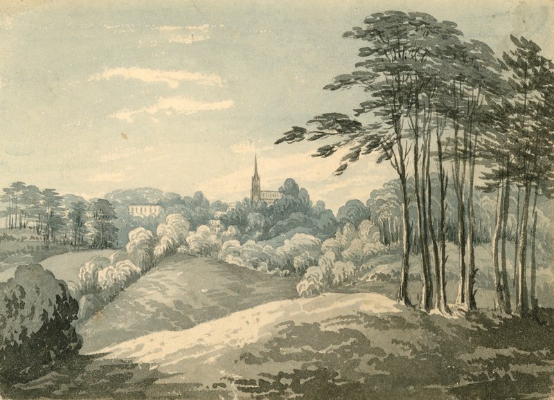 Highgate Church, London, fra Hampstead Heath (wc på papir) af English School