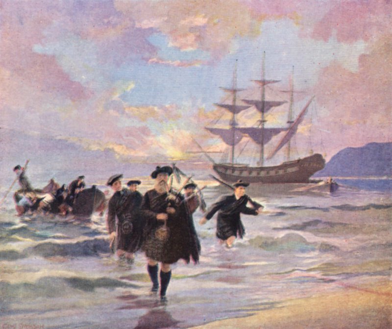 Nybyggere fra højlandet ankommer til Pictou, Nova Scotia, fra "Hector", 1773 (farvelitografi) af English School