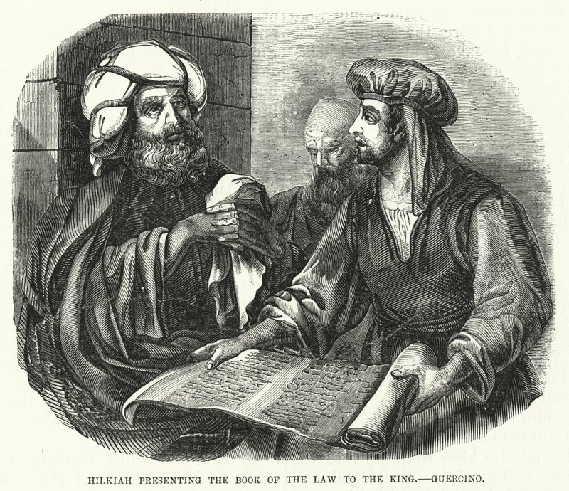 Hilkias præsenterer lovens bog for kongen, Guercino (gravering) af English School