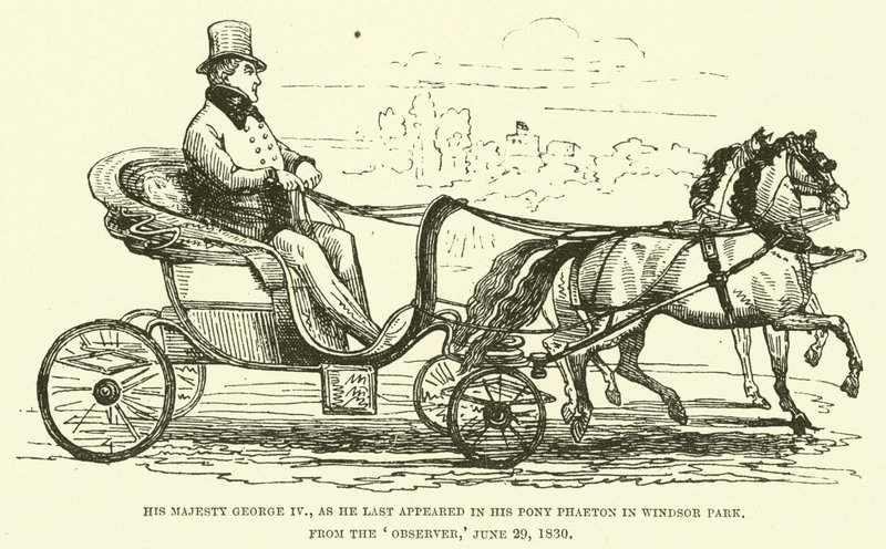 Hans Majestæt George IV, som han sidst dukkede op i sin pony Phaeton i Windsor Park, fra Observer, 29. juni 1830 (gravering) af English School