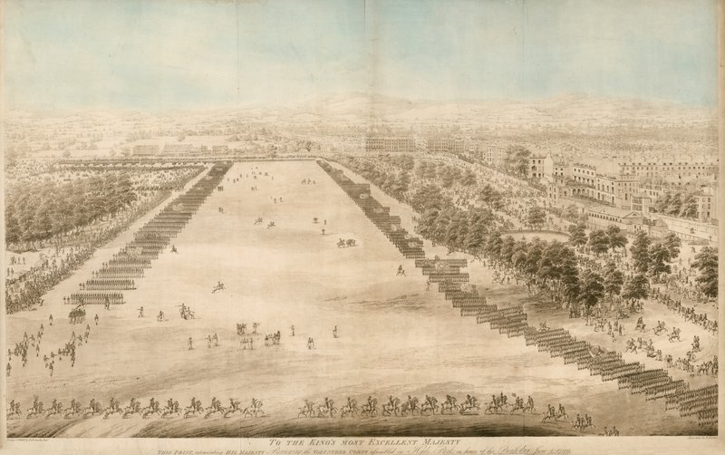 Hans Majestæt gennemgår Frivilligkorpset samlet i Hyde Park til ære for fødselsdagen den 4. juni 1799 af English School