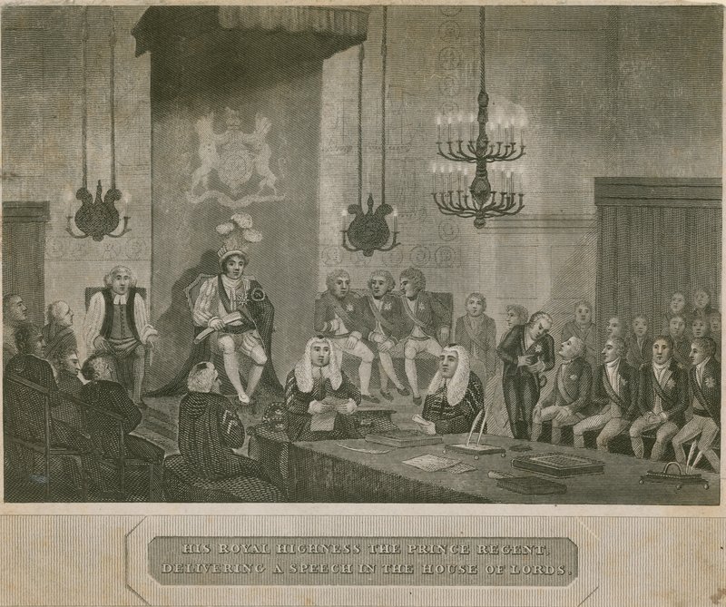Hans Kongelige Højhed Prins Regent holder en tale i Overhuset af English School