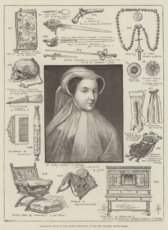 Historiske relikvier i Stuart-udstillingen i New Gallery, Regent-Street (gravering) af English School