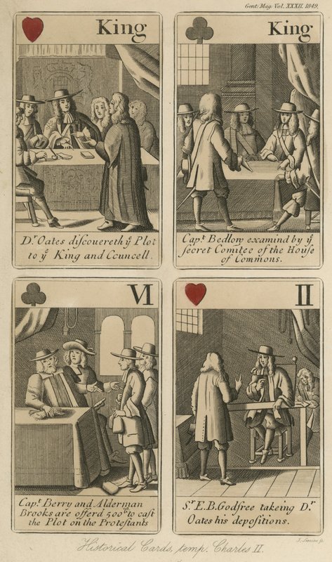 Historiske spillekort, der fortæller historien om kong Charles II af English School