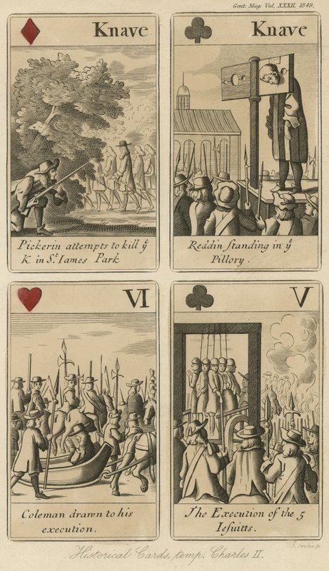Historiske spillekort, der fortæller historien om kong Charles II af English School
