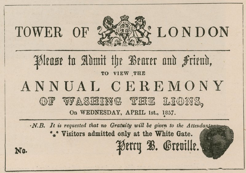 Hoax adgangsbillet til ceremonien for vask af løverne i Tower of London af English School