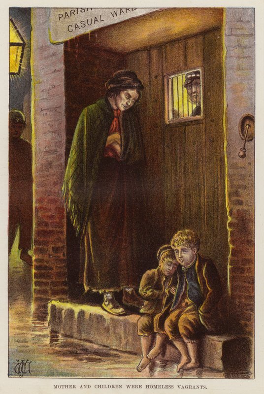 Hjemløs mor og børn i det victorianske Storbritannien (chromolitho) af English School