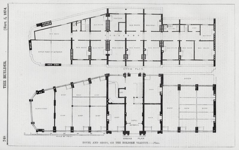 Hotel og butikker på Holborn-viadukten (gravering) af English School