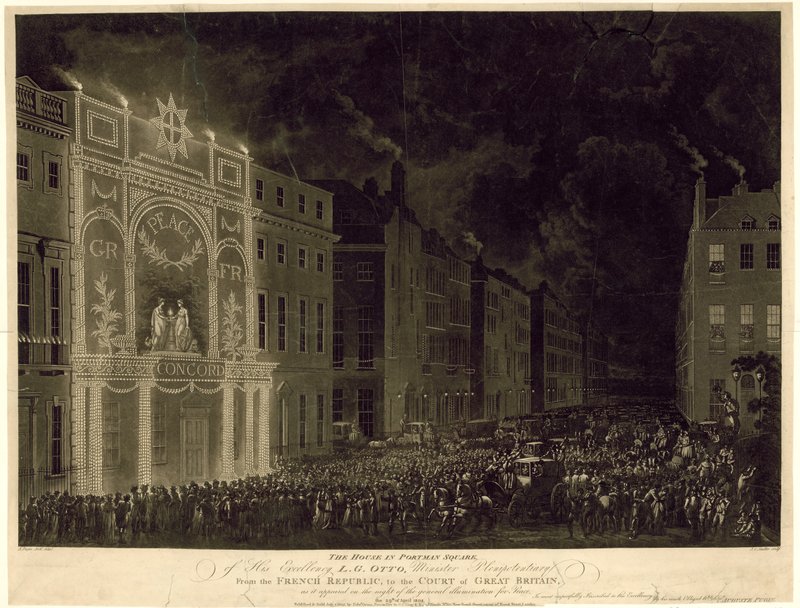 Hus på Portman Square af den franske ambassadør, oplyst for at fejre freden, 29. april 1802 af English School