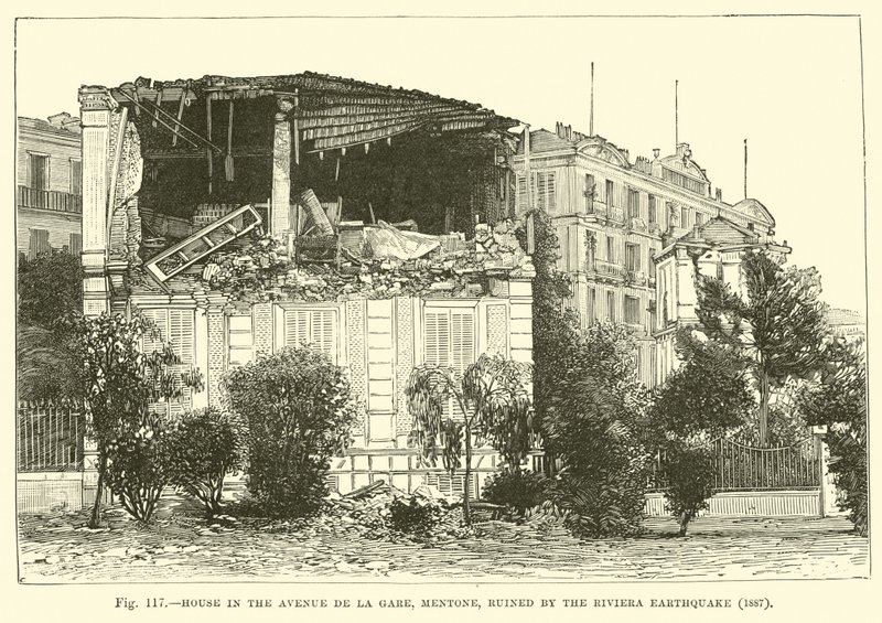 House in the Avenue de la Gare, Mentone, ruined by the Riviera Earthquake, 1887  af English School