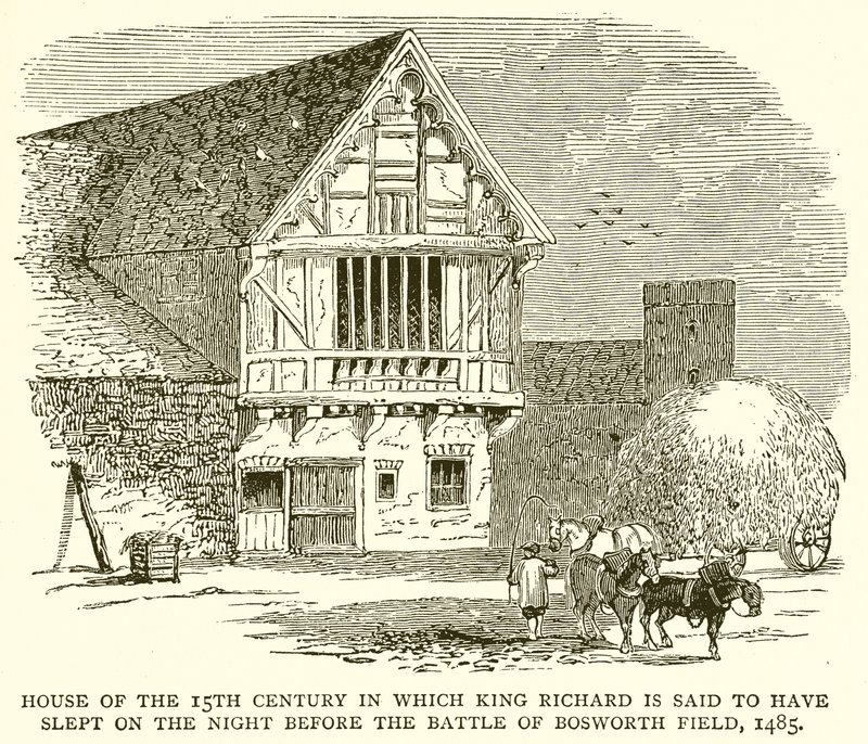 Det 15. århundredes hus, hvor kong Richard siges at have sovet om natten før slaget ved Bosworth Field, 1485 af English School