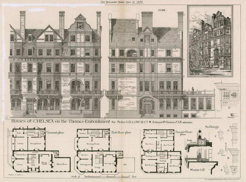 Huse ved Chelsea på Themsen Embankment for Mrs Gillow & Co af English School