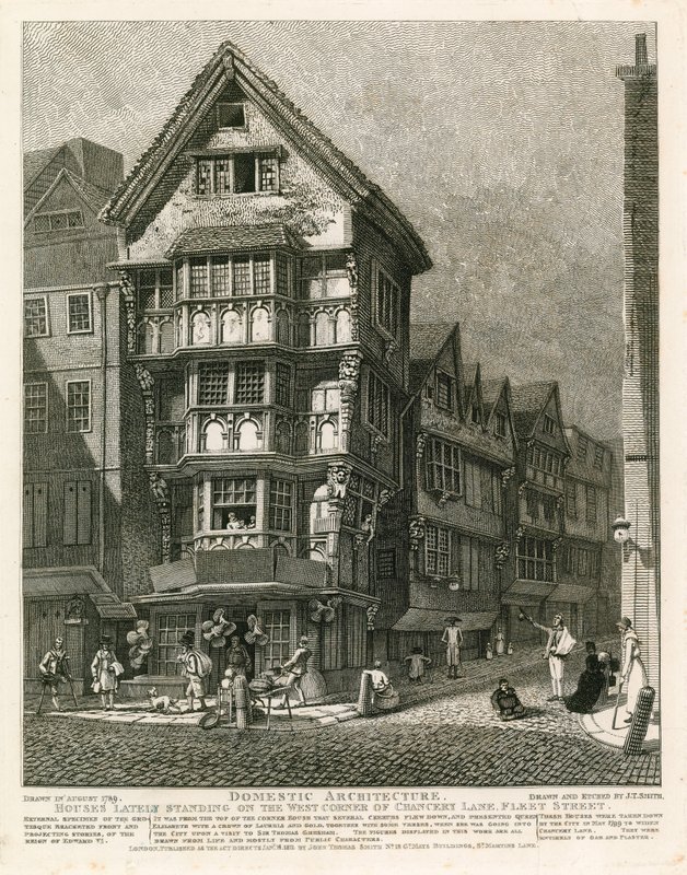 Huse, der for nylig stod på det vestlige hjørne af Chancery Lane, Fleet Street, London af English School