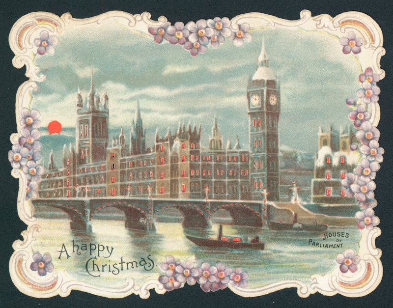 Houses of Parliament om vinteren, julekort af English School