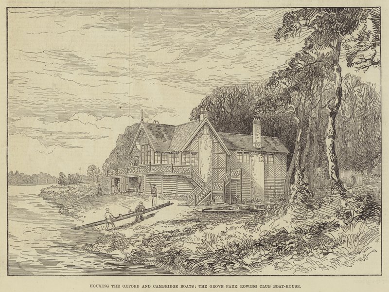 Huset Oxford og Cambridge Boats, Grove Park Rowing Club Boat-House (gravering) af English School