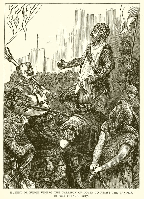 Hubert de Burgh opfordrer garnisonen i Dover til at modstå franskmændenes landgang, 1217 af English School
