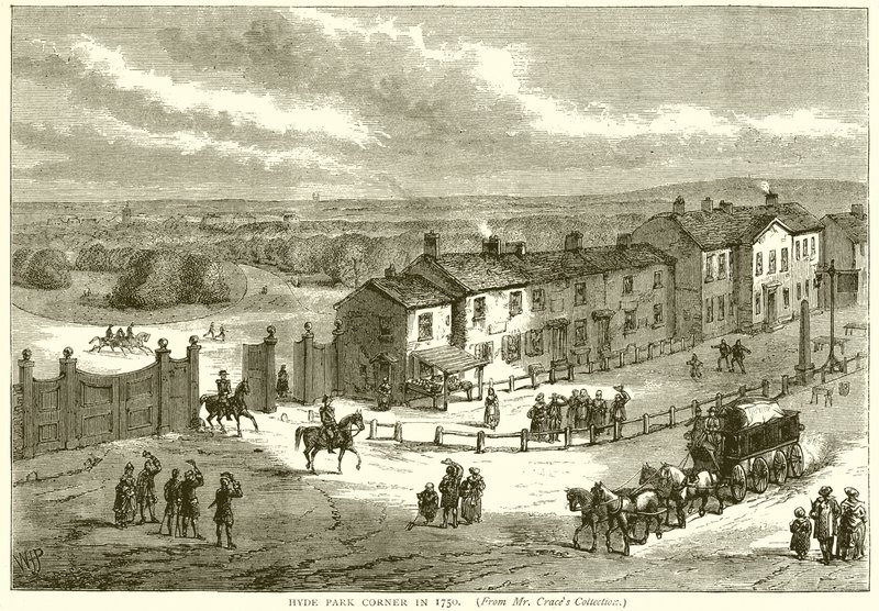 Hyde Park Corner i 1750 af English School