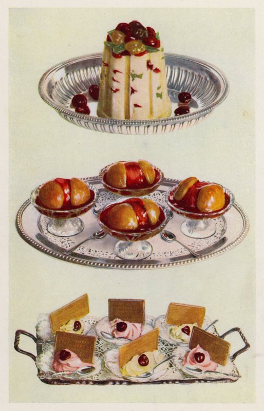 Ice Pudding; Peches Melba; Cream Ices (farvelitografi) af English School
